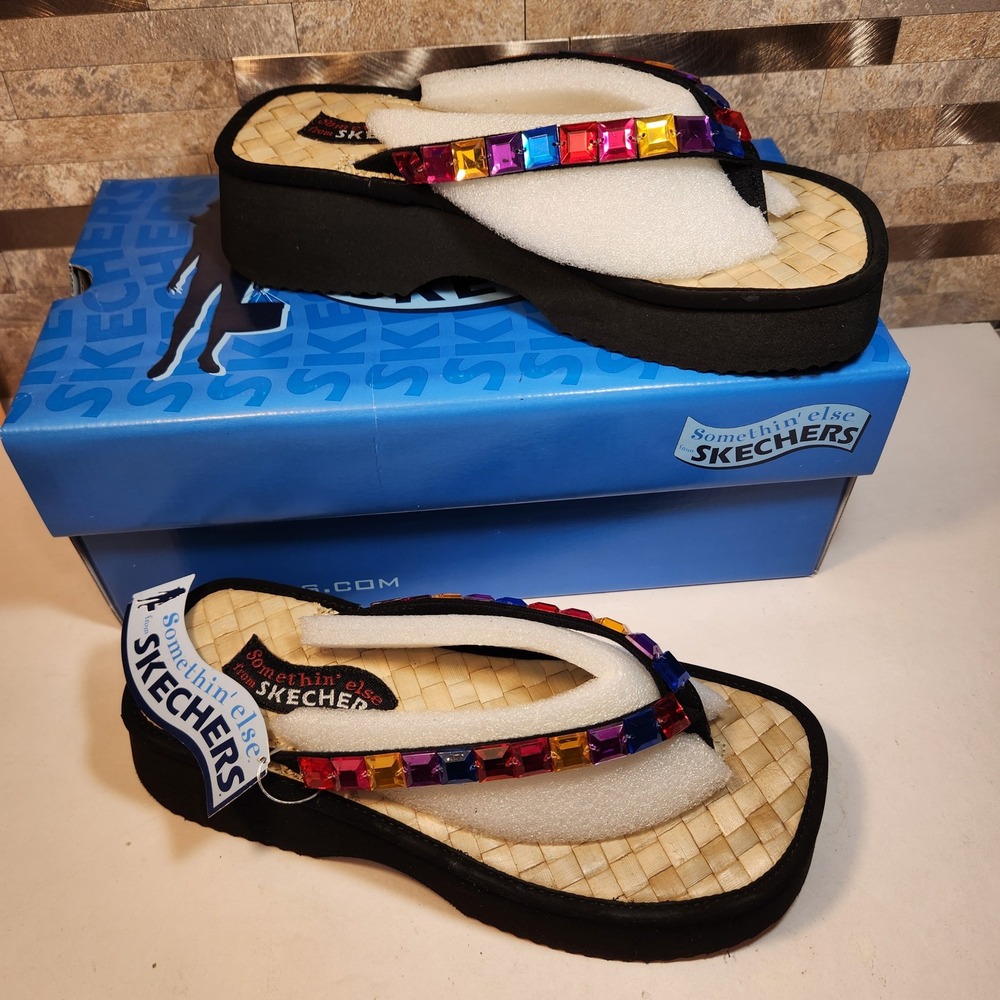 Skechers Somethin Else Festivities Platform Sandals Black Multi Gem 3787 W7 NEW